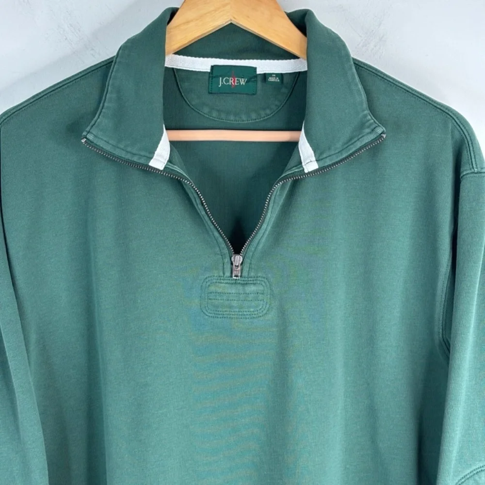 J Crew Oarsman 1/4 Zip Sweatshirt M Green Elbow Patch Heritage Old Money Preppy
